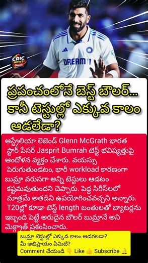 బుమ్రా టెస్ట్ కెరీర్ ప్రమాదంలోనా? మెక్గ్రాత్ షాకింగ్ కామెంట్స్! 😳#jaspritbumrah #teamindia #cricket
