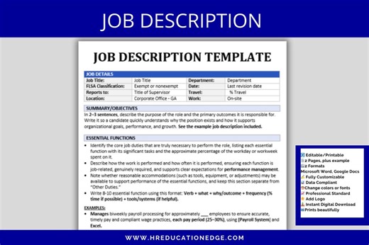 Job Description Template: Employee Onboarding HR Form (MS Word & Google Doc) - Etsy