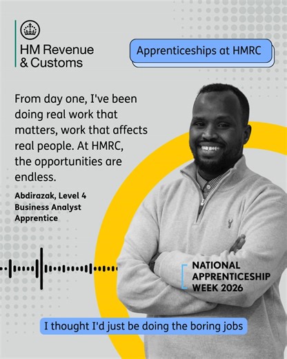 Want a career with real impact and real development? 🚀 An HMRC apprenticeship lets you do meaningful work that supports the nation, while building your skills through structured learning and clear career pathways. It’s more than a job. It’s purpose. Explore apprenticeships at HMRC 👉 https://www.civil-service-careers.gov.uk/hmrc-our-apprenticeships/ #NAW2026 #ApprenticeshipsAtHMRC #PeoplePurposePotential | HMRC Careers