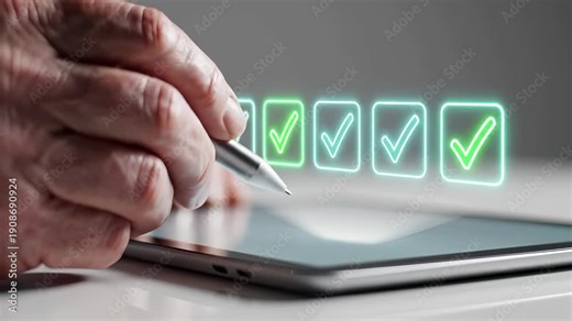Digital checklist with checkmark icons and tablet with stylus pen. Task completion and verification interface. Business quality control and compliance approval process technology concept.