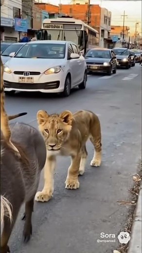A wild boar, a meerkat, and a lion cub stroll through the city. Incredible. #meerkat #wildboar #l...