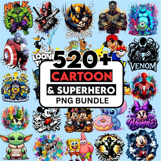 520  Cartoon Bundle PNG, Cartoon Characters, Cartoons Bundle, Retro Png Files, Cartoon Png, Superhero Clipart, T Shirts Design - Etsy