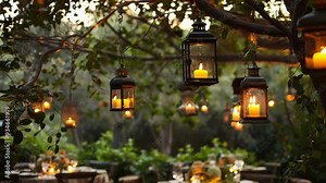 Romantic lanterns hang from a tree, casting a warm glow at an outdoor wedding. The rustic decor creates a cozy, inviting ambiance in a picturesque garden setting