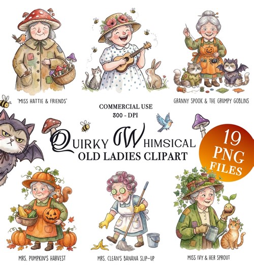 Quirky Whimsical Old Lady Clipart PNG, Cute Old Grandma, Elderly People, Halloween Grandmother Cartoonish, Commercial Use, Funny Old Lady - Etsy