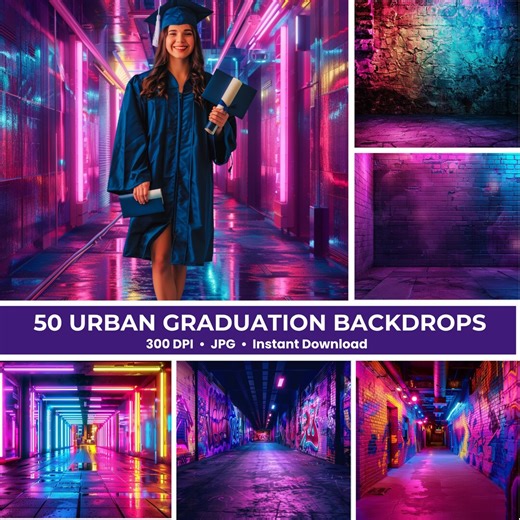 50 Graduation Backdrops, Urban Street Senior Portrait Backgrounds, Neon City Photo