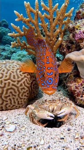 Coral Grouper Found A Spotted Reef Crab In A Hole Then Emerged #shorts