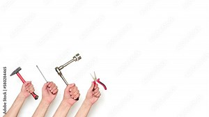 Hands holds a various tools for repair on a white background with a copy space. 4K looped stop motion animation