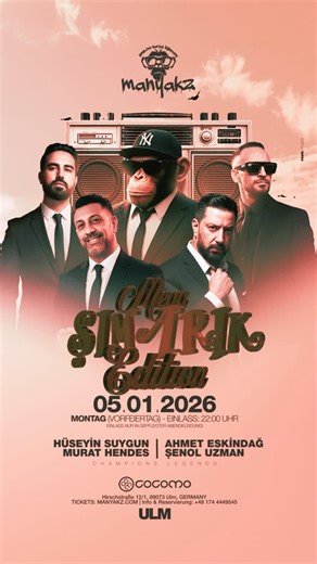 Manyakz on Instagram: "🔥 MANYAKZ – EFSANELER GECESİ 🔥 BU PAZARTESI Avrupa’nın en meşhur DJ’lerini ve gerçek efsaneleri tek gecede buluşturuyoruz! Manyakz farkıyla, unutulmaz bir geceye hazır olun. 📅 Pazartesi, 05.01.2025 (Salı günü resmi tatil – sabaha kadar eğlence!) 📍 Ulm’un en prestijli mekânı COCOMO’da yeniden sizlerleyiz. Bu gece ritimler durmayacak, efsaneler sahnede olacak. Bu geceyi kaçıran çok şey kaçırır! 🎧 DJ Line-Up: • Hüseyin Suygun – Stuttgart’ın efsanesi • Ahmet Eskindağ – Ul