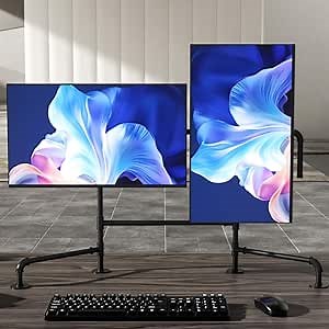 Black Monitor Stand Free Standing Full Adjustable Monitor Desk Mount for 1/2 Screens up to 27 Inches Tilt Swivel Computer Arms, Cable Management, Heavy-Duty Flange Mounting Base, Black