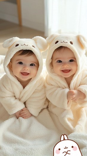 Super cute baby twins 💞💞 Identical robes, smiling and laughing, happy 😊😊😊 #baby #twinsoftiktok #fyp #ai #aiart #cutebabiesoftiktok