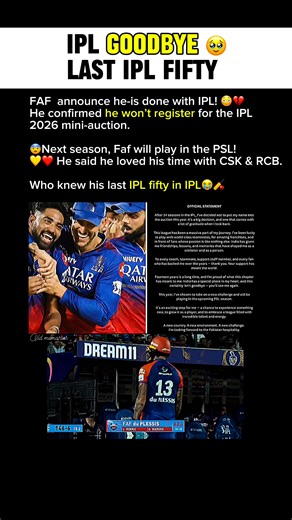 In a surprising update, Faf du Plessis confirmed that he will not register for the IPL 2026 mini-auction, officially ending his IPL journey. Faf said he has decided to play in the PSL next season, marking a major shift in his T20 career. The former CSK and RCB star enjoyed some unforgettable years in the IPL, delivering iconic performances, clutch knocks, and incredible leadership. Many fans now believe that his brilliant 62 (45) vs KKR might go down as his final fifty in the league. In this vid