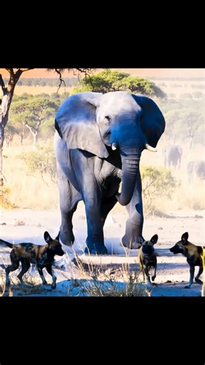 elephant and wild dogs