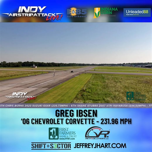 💥 231.96 MPH in an ’06 Corvette. Greg Ibsen sent his C6 down the half-mile at Shift-S3ctor Indy Airstrip Attack by Indiana Corn Marketing Council & First Farmers Bank and Trust with a mix of raw horsepower, clean aero, and that unmistakable Corvette attitude. 🏁 In a field packed with exotics, Greg proved that American muscle can still punch way above its weight. 💪🇺🇸 Respect the driver. Respect the build. That’s Corvette speed at its finest. #GregIbsen #ChevyCorvette #C6Power #231MPHClub #In