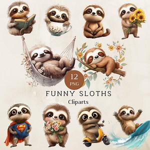 Funny Sloth Clipart, Cute Sloth Png, Instant Download for Scrapbooking, Cute Sloth Designs for Kids' Crafts and Decor, Cute Art for Kids - Etsy