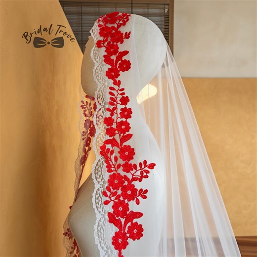 Red Floral Veil, Mantilla Cathedral Veil, Lace Edge Mantilla Veil, Embroidered Wedding Veil, Long Bridal Veil With Red Flowers. - Etsy Canada