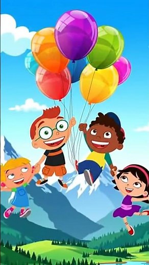 Little Einsteins flying with balloons over the mountain