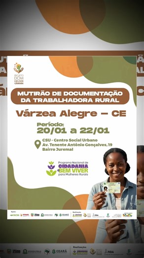 MDA Ceará on Instagram: "📣 Convite – Mutirão de Documentação da Mulher Trabalhadora Rural em Várzea Alegre -CE A Superintendência do MDA Ceará, em parceria com o Governo do Estado, a Prefeitura de Várzea Alegre, o Sindicato dos Trabalhadores Rurais e os movimentos sociais, convida as mulheres trabalhadoras rurais e a população do campo para participarem do Mutirão de Documentação da Mulher Trabalhadora Rural. Esta edição do mutirão é uma realização do Ministério do Desenvolvimento Agrário (MDA)