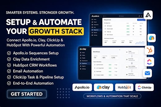 Jalfredde: I will setup hubspot crm workflows and automation apollo io sequences clay com clickup for $40 on fiverr.com