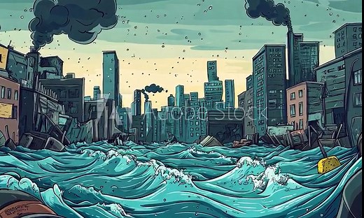 2D cartoon style illustration depicting the concept of water pollution in a hand drawn manner