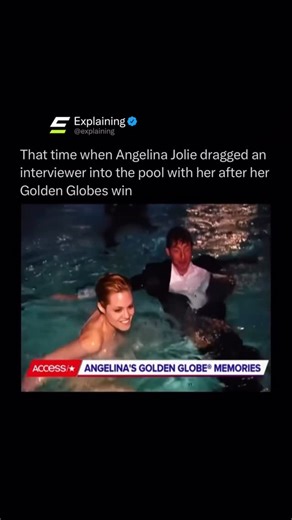 Explaining on Instagram: "In 1999, Angelina Jolie transformed a routine post-award interview into one of the most unforgettable Golden Globes moments ever. Fresh off her win for Gia, she was buzzing with adrenaline as she spoke to a reporter by the hotel pool, still riding the high of the night. Then, in the most Angelina Jolie way possible, she casually stepped straight into the water mid-conversation, gown and all. Before anyone could process what was happening, she reached back and pulled the