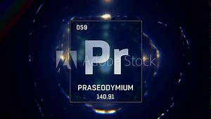 Praseodymium as Element 59 of the Periodic Table. Seamlessly looping 3D animation on blue illuminated atom design background with orbiting electrons. Design shows name, atomic weight and element numbe Stock Video