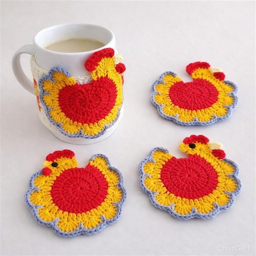 Vintage Crochet Chicken Coasters Set (2 or 4) – Handmade Farmhouse Kitchen Decor, Rooster & Chicken Shaped Coasters, Unique Gift - Etsy