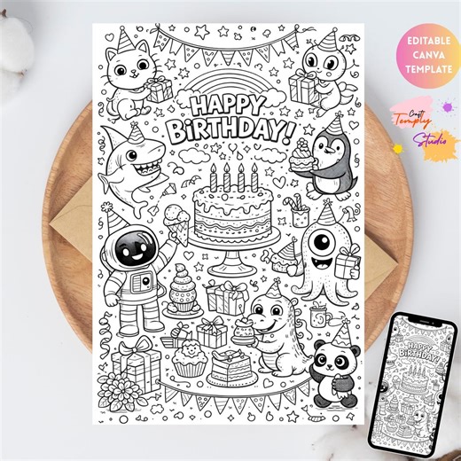 Happy Birthday Coloring Card DIGITAL | Colouring Greeting Card for Kids | Instant Download | EDITABLE Printable  Download, Birthday Cartoon