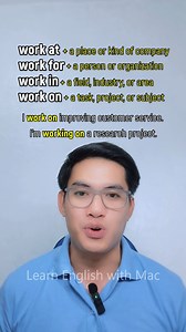 20K views · 596 reactions | work at VS work for VS work in VS work on #English #englishlearning #englishlanguage #englishvocabulary #englishtips | Learn English with Mac | Facebook