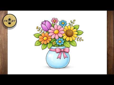 How to Draw a Bouquet of Flowers in a Vase step by step Easy