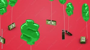 Inflation Balloons Drag and Raise Stacks of Money Group. Group of mylar balloons inflate on red background tied to stacks of money and rise out of view symbolize financial inflation