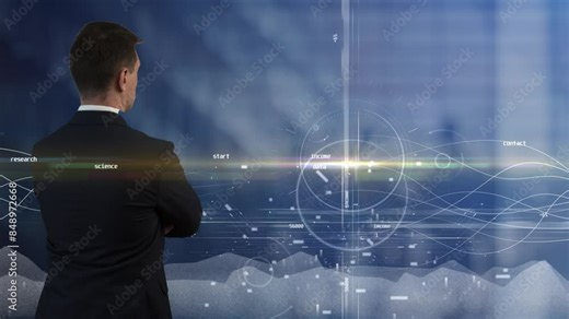 A man thought about the coordinate system and pie charts in the background to which light waves move and graphs grow. Scientific developments and technological research in the physics of processes. Cg