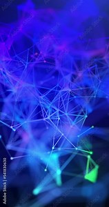 Abstract digital blue wave triangulation shapes in digital wave with small particles. Technological. Vertical video.