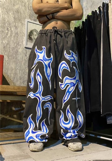 Custom Hand-Painted Baggy Jeans: Tribal Blue Flame Art