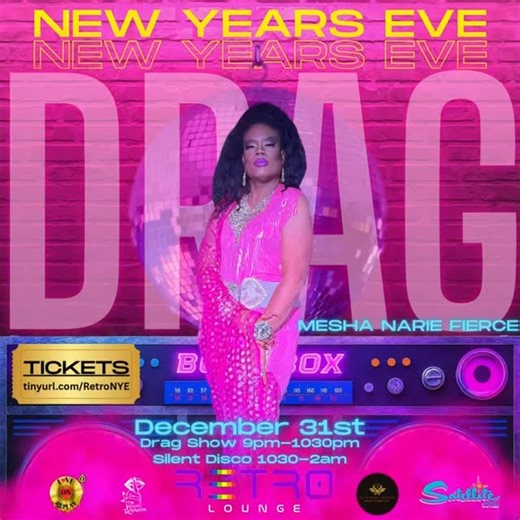 NYE 12/31 at Retro! Drag Show 9–10:30, Silent Disco 10:30–2! Hot hors d’oeuvres by Jay’s Soul Kitchen free champagne toast at midnight! 🎉✨ New Year’s Eve at Retro Lounge! ✨🎉 Ring in 2026 with a night of drag, dancing, food, prizes, and unforgettable vibes — all included with your ticket! 💃 Drag Show: 9:00–10:30 PM Our queens are ready to SLAY your NYE with a high-energy show you won’t want to miss! 🎧 Silent Disco: 10:30 PM–2:00 AM Dance into the new year with Silent Revolution and multiple c