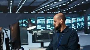 System operator overseeing server room, typing code on desktop PC, troubleshooting rigs. Software specialist doing maintenance on hardware clusters, networking systems and storage arrays