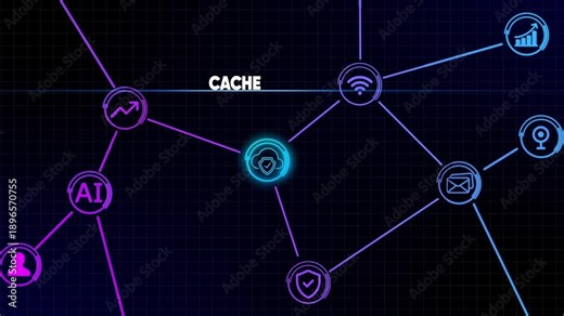 Digital network diagram with CACHE text and interconnected technology icons on a dark grid background
