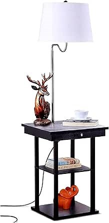 Brightech Madison Side Table with Lamp Combo with LED Bulb, Desk Lamp with USB Port, Bedside Reading Lamp, Modern End Table with Floor Lamp for Bedroom, Living Room, Office - Black with White Shade