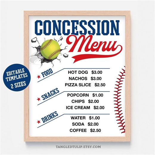 Softball Concession Menu Poster | Softball Refreshment Stand Price List | Printable Editable Template | Instant Download CON1 - Etsy