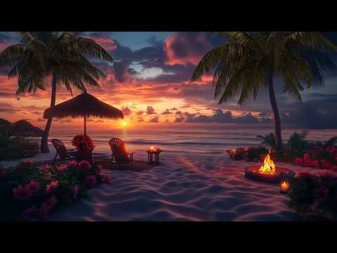 Summer Beach Sunset | Relaxing Ocean Waves & Cozy Fire Pit for Peaceful Moments, Relax and Healing