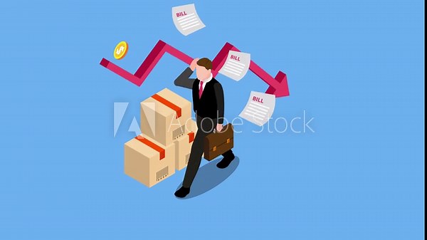 Isometric Businessman with Bills and Falling Coins, Financial Crisis, Debt and Bankruptcy Concept 3d animation cartoon