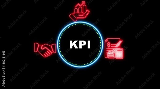 Neon KPI diagram with handshake growth chart and financial document icons on black background key performance indicator