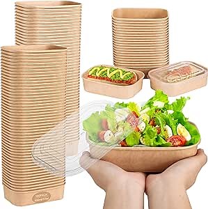 Zhehao 100 Pack Disposable Kraft Paper Bowls with PP Lids Large Food Containers Disposable Bento Boxes Rectangle Take Out Containers for Noodles, Poke Bowls, Salads, Soups, Snacks, BBQ (Brown,17 oz)