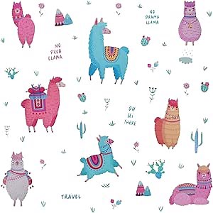 Maydahui Cute Travel Llama Desert Wall Decal Cartoon Alpaca Wall Sticker (33x49 Inch) Tropical Cactus Plants Large Animals Decal for Nursery Kids Girls Bedroom Home Decor