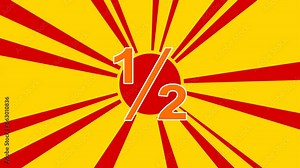 Half fraction symbol on the background of animation from moving rays of the sun. Large orange symbol increases slightly. Seamless looped 4k animation on yellow background