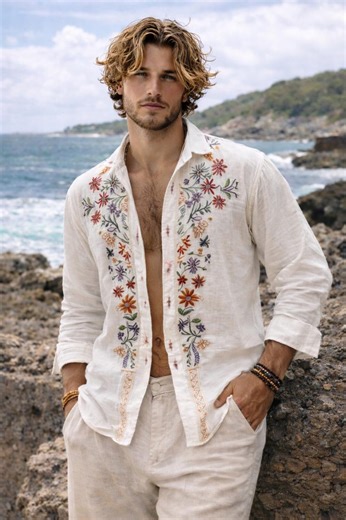 Men's Embroidered Linen Shirt | Boho Floral Beach Button-down Top - Etsy