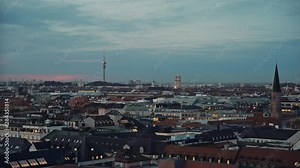 Panoramic view of Munich at evening time, Germany. Munich is the capital and most populous city of Bavaria, the second most populous German federal state. Real time establishing shot.