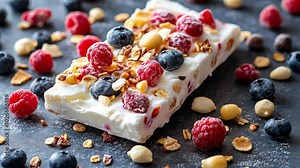 A white chocolate bar with raspberries, blueberries, and granola on a dark counter