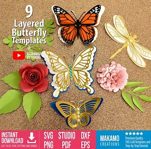 Layered Butterfly SVG Bundle: 3D Paper Templates, Rolled Flower & Dragonfly (digital Files for Cutting Machines) - Etsy