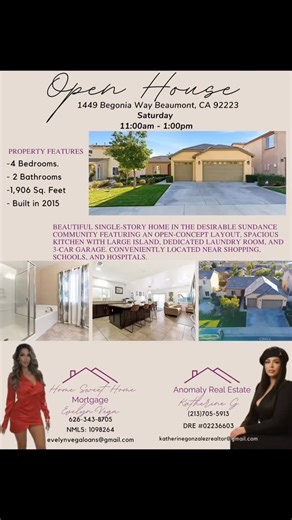 Katherine Leticia Gonzalez on Instagram: "🖤✨ OPEN HOUSE INVITATION ✨🖤 Join me for an exclusive open house experience. 📍 1449 Begonia Way, Beaumont, CA 92223 🕚 11:00 AM – 1:00 PM A professional loan officer will be present to guide you through financing options and answer every question 💳🏡 First-time homebuyer? You’re in expert hands. 👩‍💼 Realtor: Katherine Gonzalez 📞 213-705-5913 💼 Loan Officer: Evelyn Vega 📞