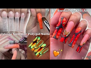 ORANGE SUMMER POLYGEL NAILS🧡 ABSTRACT BUTTERFLY NAIL ART & CUTE SUMMER NAIL DESIGN | Nail Tutorial